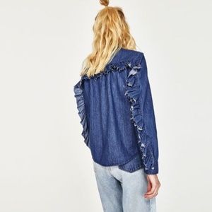 NEW Zara Blue Ruffle Side Long Sleeve Top